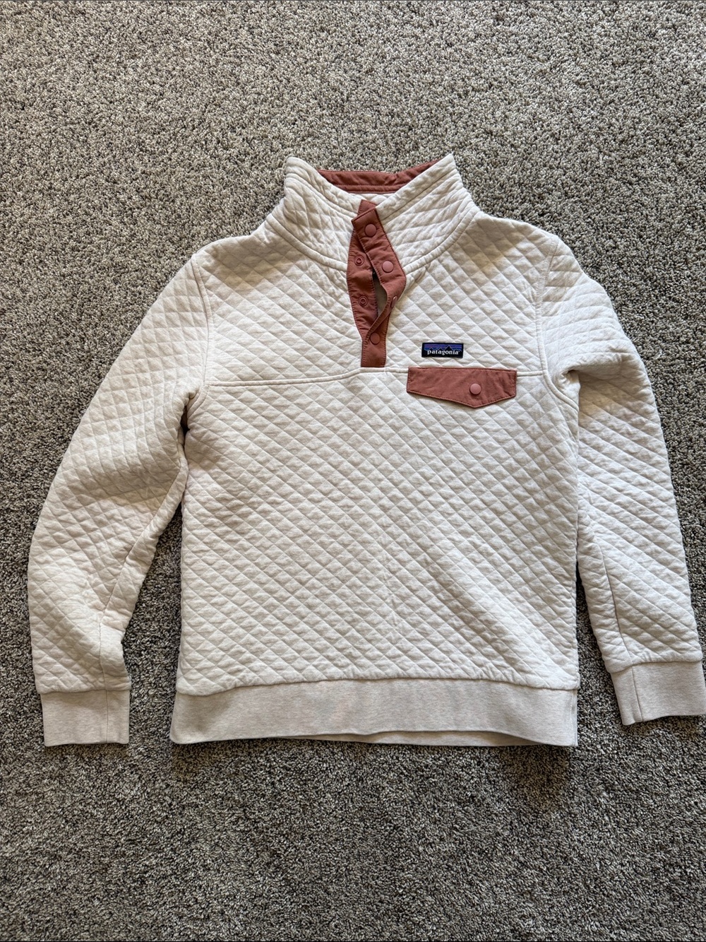 Patagonia Women’s Quilted Zip-Neck Sweater - Cream with Rust Accents